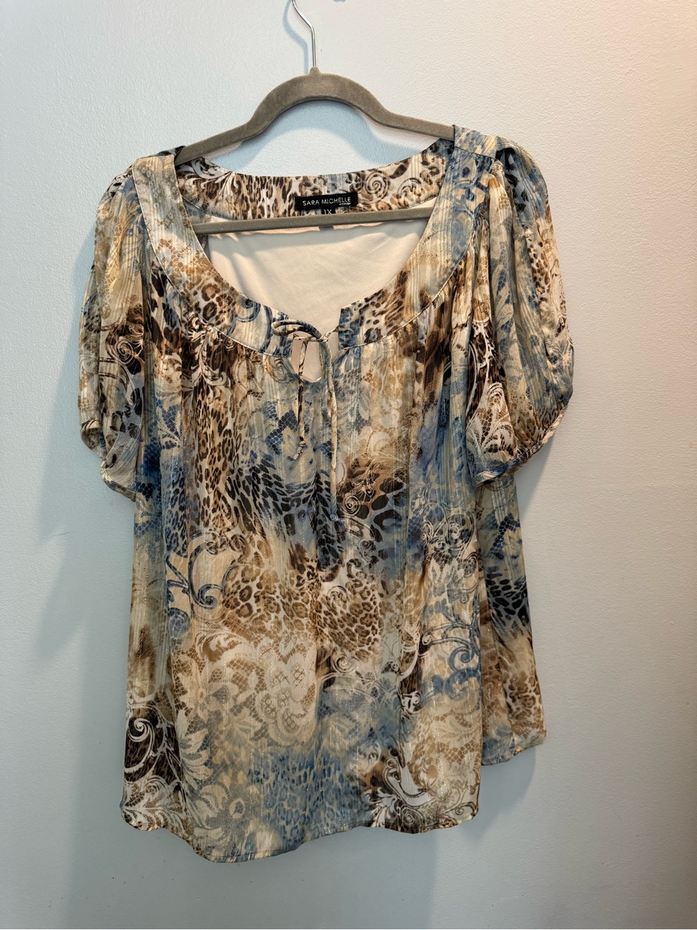 Sara Michelle Blue, Tan & Brown Printed Women's Blouse plus size 1X